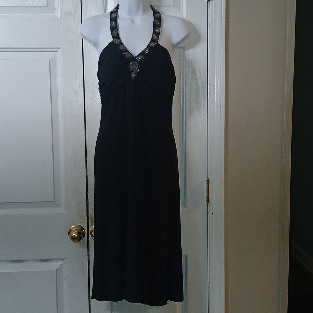 Spenser Jeremy black silver beaded neckline halter midi dress  Sz 8  NWOT